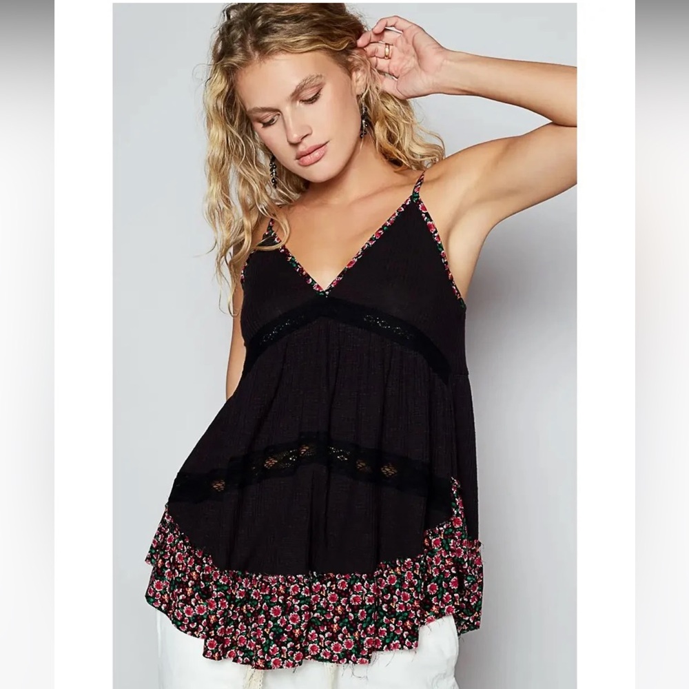 NEW POL Lace Floral Trim Black Cami Tank Top NEW Item